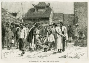 サペックのゲーム。エドワード・シャルトン（1807-1890）の指導の下、1884年にポール・オカール博士が書いた「トンキンでの3時間の出来事」を説明するために、トファーニが描いた版画。 作： Oswaldo Tofani