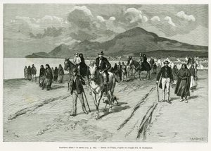 ミサに参加する島民。1889年にマリー・アンヌ・ドゥ・ボヴェが描いた『Trois mois en Irlande』の挿絵をトファーニが描いたもので、エドゥアール・シャルトン（1807-1890）監督の『le tour du monde 1890』に収録されている。