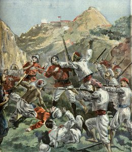 1897年、インドでの反乱の際、マラカーンの砦で攻撃を受けるイギリス人（版画）。