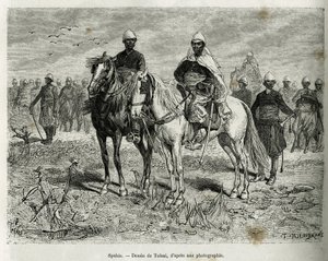 探検隊の護衛のスパイス。1880年から1881年にかけて海兵隊歩兵中佐ガリエニが行ったオー・ニジェールでの探検の物語を説明するためにトファーニが描いたもので、エドゥアール・シャルトン（1807-1890）の指揮の下、『Tour du monde』誌に掲載された。 作： Oswaldo Tofani