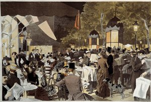 選挙の夜の大通りのカフェテラス。Osvaldo Tofani (1849-1915) の絵画から Ec.Ital.