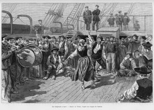 船上の移民たち。エドゥアール・シャルトン（1807-1890）の指揮の下、1886年にエミール・ブレローがツアー・デュ・モンド1887年に行った3ヶ月間のバカンス「Voyage a la Plata」の物語を説明するためのトファーニによるエングレーヴィング。 作： Oswaldo Tofani