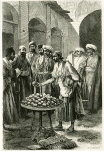 カチャン（またはカシャーン、現在のイラン、テヘラン州）の漁師の商人。1881年から1882年にかけて、ジェーン・ディウラフォイ（旧姓マグレ）の物語「ペルシャ、カルディ、スシアネ」を説明するために、写真をもとにトファーニが描いたエングレーヴィング。 作： Oswaldo Tofani
