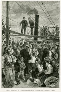 船の甲板の様子。1882年にポール・モンソーが描いた「Voyage en Thessalie」の挿絵をトファーニが描いたもので、エドゥアール・シャルトン（1807-1890）が監督した「le tour du monde 1887」に収録されている。 作： Oswaldo Tofani