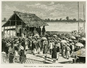 風の中の劇場。1884年、Paul Hocquard（ポール・オカール）博士が、Edouard Charton（1807-1890）の指揮の下、le tour du monde 1890に掲載したTrente mois au Tonkinの物語を説明するために、Tofani（トファーニ）が写真をもとに描いたもの。 作： Oswaldo Tofani