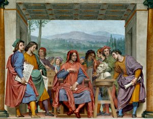 ローラン・デ・メディチ（1449-1492）（ローラン・ザ・マグニフィコ：Lorenzo il Magnifico）は、フィレンツェの芸術家たちの真ん中に座って ミケランジェロ（Michelangelo, Michel Ange）の動物群の頭部を鑑賞している。オッタヴィオ・ヴァンニーニ（1585-1643）によるフレスコ画。1635年約サラー 作： Ottavio Vannini