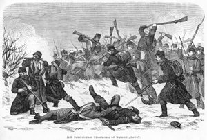 第一歩兵連隊と「マルティーニ」連隊との肉弾戦、パブ。1865年（彫版