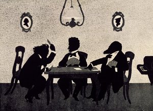 ヨハネス ブラームス (1833-1897)、リヒャルト シュトラウス (1864-1949)、ハンス リヒター (1843-1916) のカード ゲーム、オットー ボーラー (1847-1913) による黒いシルエット 作： Otto Bohler