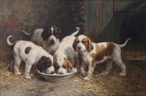 牛乳を飲むセントバーナードの子犬 (キャンバスに油彩) 作： Otto Eerelman