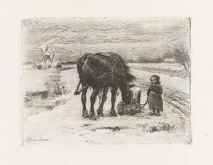 子供と馬のいる雪景色