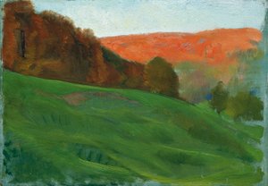 緑の牧草地の背後にある秋の森 作： Otto Friedrich