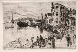 ヴェネツィアのエッチング：カステッロ地区、リーヴァ、19世紀。 作： Otto H. Bacher