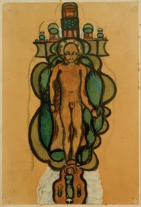 飾られた十字架の輪郭にハローを持つ裸の少年 作： Otto Meyer Amden