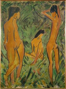 立っている少女と座っている少女の前にいる少年（麻布にジステンパー） 作： Otto Muller or Mueller