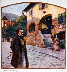 靴屋の前に立つフランツ・ペーター・シューベルト（1787-1828）、1910年頃（カラーリトグラフ） 作： Otto Robert Nowak