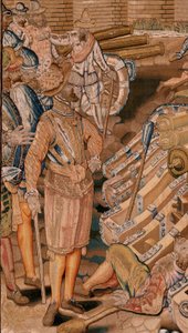 フランダースのタペストリー。 シリーズ Archduke Albert の勝利と戦い。 カレーの町への攻撃 (Asalto de la plaza de Calais)。 シリーズ第2弾のタペストリー。 モデルのオットー・ヴァン・ヴィーンとハンス・I・スネリンク。 マニュファクチュール Martin Reynbouts、ブリュッセル 作： Otto van Veen