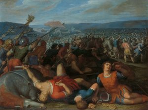 ライン川でローマ人を破るバタビア人 クラウディウス シビルスは、西暦 69 年にライン川の近くでローマ軍を打ち負かしました。 ローマ人に対するバタビア人の反乱に関する12のシリーズの1つ 作： Otto van Veen