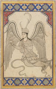 飛んでいる天使、カップとワイン フラスコ (紙にインク、カラー ウォッシュ、ゴールド) 作： Ottoman School