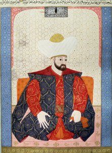 オスマン帝国：「オスマン・スルタン・ムラド1世（1326-1389）の肖像」 歴史学者セイイド・ロクマン・アシュリ1538年の手稿（Ms.1973、フォリオ62a）「Zubdatat-al-Tawarikh」（物語のクリーム）のミニチュア。トルコ・イスラム美術博物館