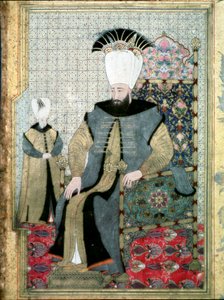 オスマン帝国。スルタン・アフメット（またはアフメッド）3世（1673-1736）の肖像」 指を指しているのは代表的なもので、ヤニサーの虐殺命令を示しているのかもしれない。ミニチュア・イスタンブール（トプカプ・サライ博物館、トルコ 作： Ottoman School