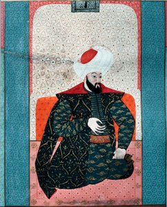 オスマン帝国：「スルタン・オスマン1世（オスマン・ガジ・ラーヒマフ・ラ）の肖像（1258-1326）」ミニチュア（Seyyyd Lokman Ashuri 1583 Istanbul, Turkish-Islamic Art Museum, Zubdat al Tawarikh（Ms. 1973, fol. 59a）より