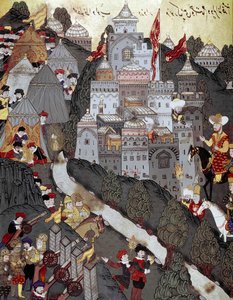 オスマン帝国のスルタン・バヤズィッド1世（バジャゼット）（1360年～1402年）は、1396年9月25日に行われた同名の戦いの後、ニコポリスの街に勝利して戻ってきた。16世紀の細密画。イスタンブール、トプカプ・サライ博物館図書館 作： Ottoman School