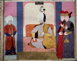オスマン帝国：「スルタン・ムラド3世（1546-1595）が宮廷人を囲む」ミニチュア（Seyyd Lokman Ashuri 1583 Istanbul, Turkish-Islamic Art Museum, "Zubdat al Tawarikh" (Ms. 1973, fol. 59b)より 作： Ottoman School