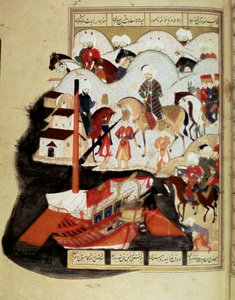 オスマン帝国："スルタン・ムラド3世（1574-1595）コンスタンティノープル港を訪れる" Manuscript miniature ms.FY 1404 "Sehinsahname" (or Shahinshah-nameh or Shahinshah-nameh, Shahinshah nama, Shahinshah nameh) "The Story of the King of Kings" poem o 作： Ottoman School