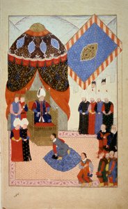 オスマン帝国。スルタン・ソリマン（スレイマン）1世（1520-1566）は宮廷人を囲んでいた」ミニチュアは「Nuzhet el Esrar el Ahbar der Sefer-i Sigetvar」（Nuzhet el Estrar el Ahbar der Sefer i Sigetvar）（Sziのキャンペーンのクロニクル）から引用されている。 作： Ottoman School