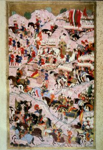 オスマン帝国：「スルタン・ソリマン（スレイマン）1世は、1526年8月29日のモハックスの戦いで、ルイ2世が指揮するハンガリー王国軍に対して雄弁に語った」ミニチュア（Lokman著「Hunername」第1巻（H 1523, f.256b）より）1584年 Topkapi S 作： Ottoman School
