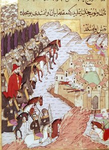 第2回十字軍遠征（1147-1149）：シリアのアレッポの街の前での十字軍遠征。16世紀の細密画イスタンブールのトプカプ・サライ 作： Ottoman School