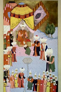 スルタン・バヤズィッド1世（1360-1402年頃）のミニチュア宮廷（Lokmanの "Hunername "より）第1巻（H 1523, f.7）1584年 トプカプ・サライ博物館図書館 イスタンブール 作： Ottoman School