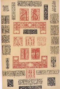 16世紀のイタリアとフランスのタイポグラフィ装飾品の標本（アルディン、ジュンタ、ステファン刊）、第XIX章、プレートXC、「装飾の文法」より 1868年（カラーリトグラフ）。 作： Owen Jones