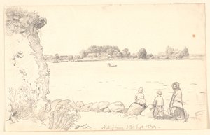 Guldborg Sund の女性と 2 人の子供。 NykøbingFalster。 作： P.C. Skovgaard