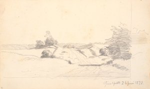 前景にいくつかの茂みがある野原の道路。 バック グラウンドで林縁 作： P.C. Skovgaard