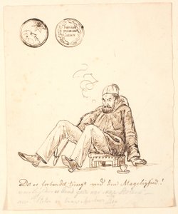 フェズ、長いパイプ、コーヒー カップを持った Johan Thomas Lundbye の風刺画。オリエンタル スツールに座っています。 上部には「Møddingen stinker verst i soelskin」と書かれたメダルがあり、下部にはユーモラスな碑文があります。 作： P.C. Skovgaard