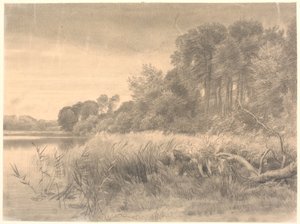 森の湖のある風景。 グレ湖。 作： P.C. Skovgaard
