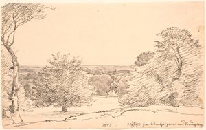 Ambjergene から Vordingborg に向かう木々と広い景色のある風景。 作： P.C. Skovgaard