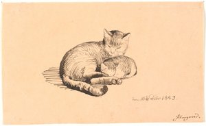 彼女の子猫と横になっている猫。 作： P.C. Skovgaard