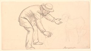 子鹿の上にかがみ込んで犬を指差す男 作： P.C. Skovgaard