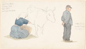 牛の乳搾りをしている女の子との研究雑誌、t.h。 立っている農家。 作： P.C. Skovgaard