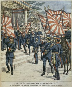 1904年3月6日、「ルプチジャーナルサプリメントイラストレーター」のイラストを使用した、軍隊に旗を与えた天皇陛下の日本皇帝 作： P.H.G.V. Michel