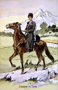 テレク・コサックを描いたポストカード、1914年頃（カラーリトグラフ） 作： P. (after) Dmitroff