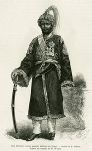 ジャン・バハドウール（1816-1877）、ネパールの首相。エドゥアール・シャルトン（1807-1890）が監督した「le tour du monde 1886」に収録されているギュスターヴ・ル・ボン博士（1841-1931）の「Voyage au Nepal」の物語を説明するためのP.Sellierによるエングレーヴィング。