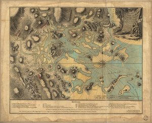 22,000。 手彩色。 ハッチングで示されるレリーフ。 サウンディングが示す深さ。 この地図は、英国の裁判所に持ち込まれた元の計画からコピーされたものです...英国と米国の軍隊の位置を示しています。 興味のあるポイントのインデックス。 fa で表示されるサウンディング 作： P. Beaurain; Croisey