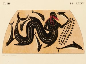 ギリシアのアンフォラに描かれたポセイドンとイルカの装飾の版画、1858年頃（水彩・ボディカラー・リトグラフ・紙 作： P. Bineteau