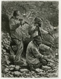 石炭を鉱脈に取り出す坑夫たち。ベルギーの作家、カミーユ・ルモニエ（1844-1913）の物語「ベルギー」を説明するためのフェラートの版画。Edouard Charton（1807～）編集のLe Tour du monde, nouveau journal des voyages, second semester 1884に掲載。 作： P. Ferat