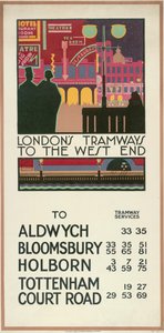 「ロンドンのトラムウェイからウエスト エンドへ」、ロンドン カウンティ カウンシル LCC トラムウェイのポスター、1927 年 作： P Irwin Brown