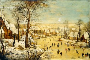 凍った水路にバードトラップとスケーターがいる冬の村 作： P. the Younger Brueghel