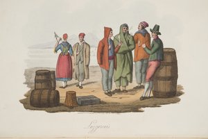ラッツァローニの『イタリアの風景から、イタリアの異なる州の風俗、習慣、娯楽を表す』は、1806年に出版された。1806年（手彩色彫刻）。 作： P. van (after) Lerberghi